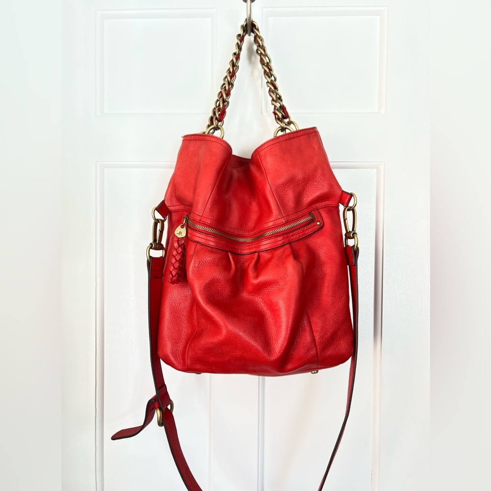 B. Makowsky Red Leather Purse Bronze Accents